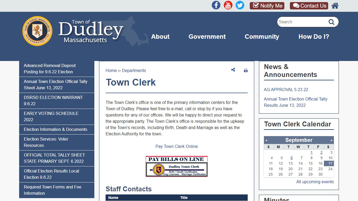 Town Clerk | Dudley, MA